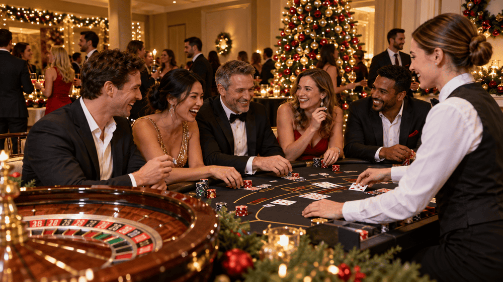 Work colleagues at a casino themes Christmas party